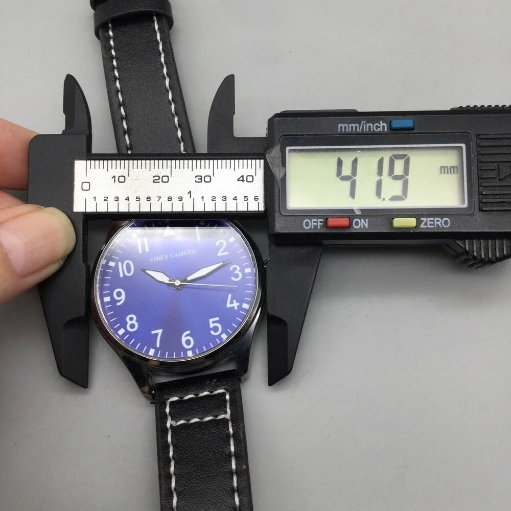 Vince Camuto Mens Watch 42mm Silver Tone Blue Dial Black Faux Leather 3ATM